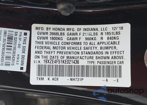 2019 Honda Insight Ex from USA, damaged, VIN 19XZE4F51KE021436